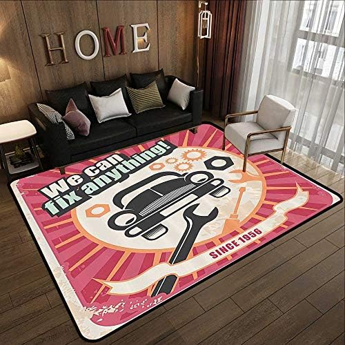 All Weather Floor mats，1950s Decor Collection,Auto Service Retro Poster and Mechanic Transport Workshop Quotes We Can Fix Anything Design,Pink 71"x 81.5" Multi-USE Floor MAT