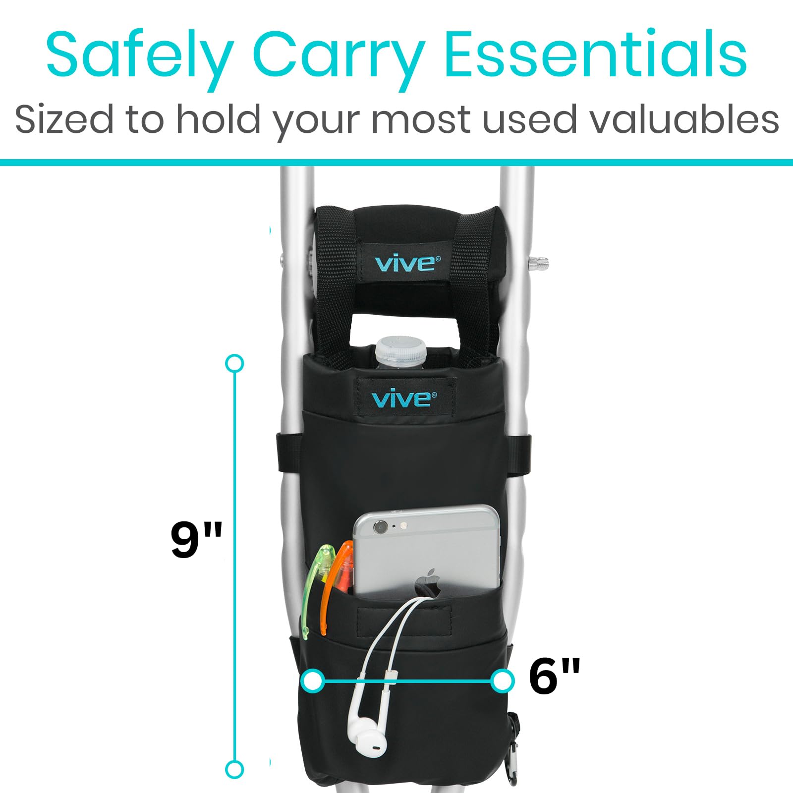 Vive Crutch Pads, Bag, & Hand Grips (5 PCS) - Crutches for Adults Armpit Padding, Hand Grips, Accessories Pouch - Soft Tips Medical Padded Handles for Kids, Men, Women - Lightweight
