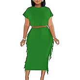 LYANER Women's 2 Piece Outfits Crew Neck Fringe Short Sleeve Crop Top and Tassel Trim Bodycon Midi Skirt Set