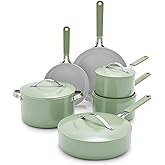 GreenLife 10-Piece Nonstick Ceramic Cookware Set, Lightweight Healthy PFAS-Free Pots & Pans with Lids, Dishwasher & Oven Safe, Durable Body, Silicone Stay-Cool Handles, Easy Release, Sage Green
