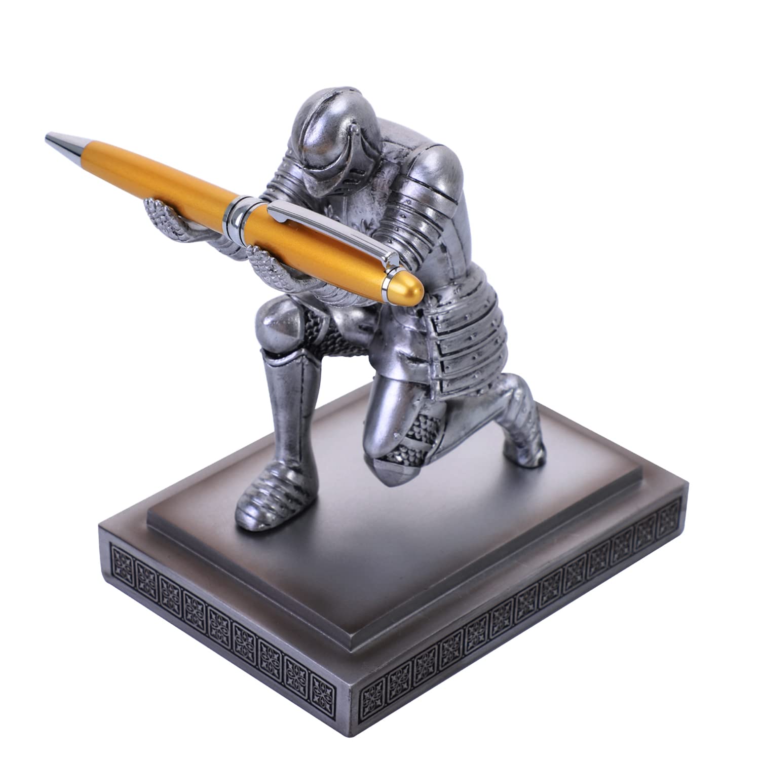 NCQIXIAO Knight Pen Holder Desk Ornament Resin Pencil Holders Desk Accessories and Organizer For Men with a Cool Pen (Silver)