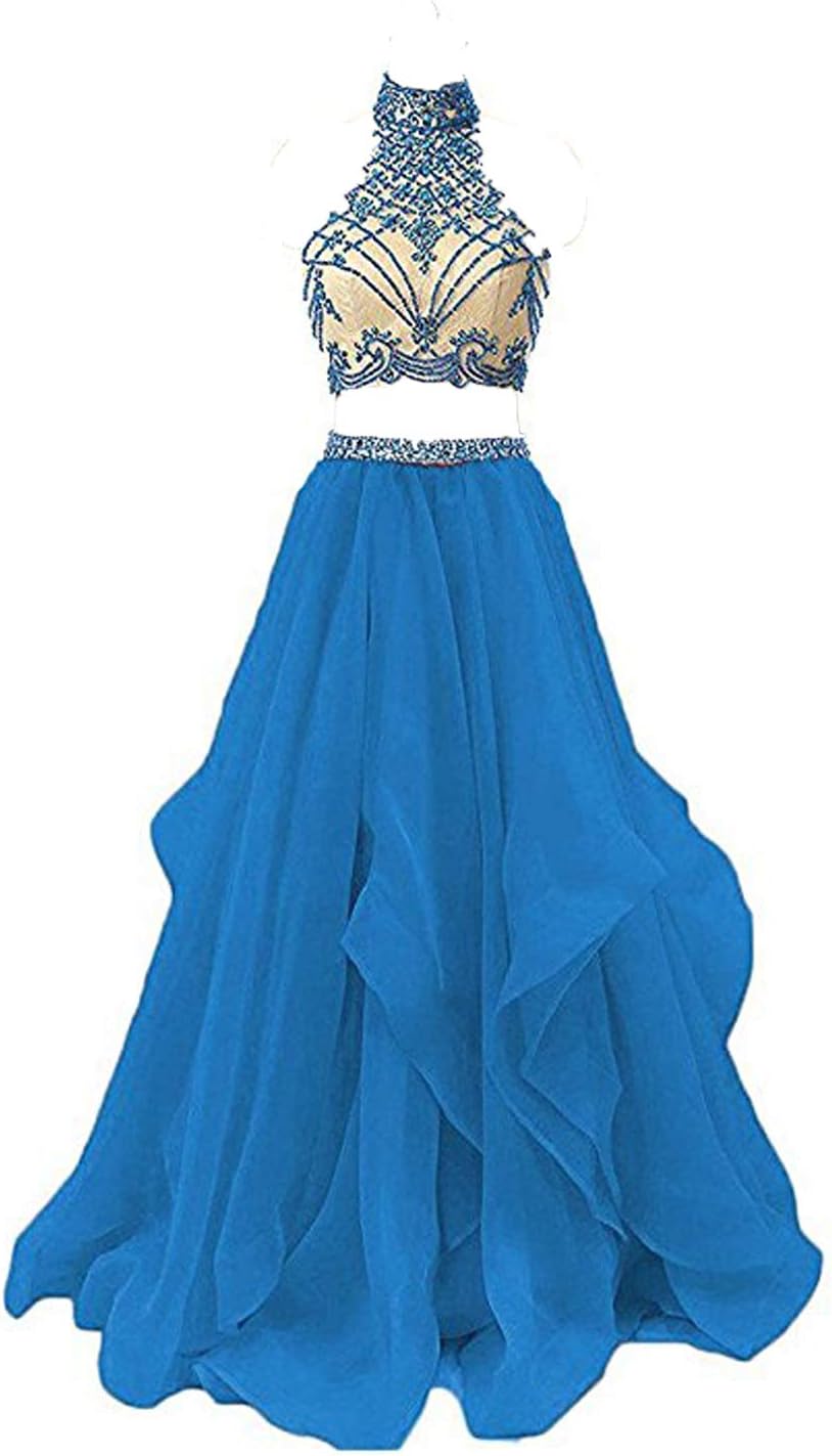 Adela Beaded Two Pieces Prom Dresses High Neck Formal Evening Gown Keyhole Back Homecoming Dresses AR181