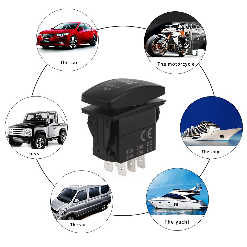 WATERWICH 7 pin Momentary Winch In Out Rocker Toggle Switch Waterproof DC 20A 12V/10A 24V Black Shell/ON-OFF-ON DPDT illuminated Rocker Switch For Auto Truck Boat Marine Off Road (Green)