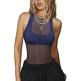 Sexy Mesh Sheer Tops for Women See Through High Neck Low Cut Scoop Back Slim Fitted Tank Mesh Shirt Going Out Tops