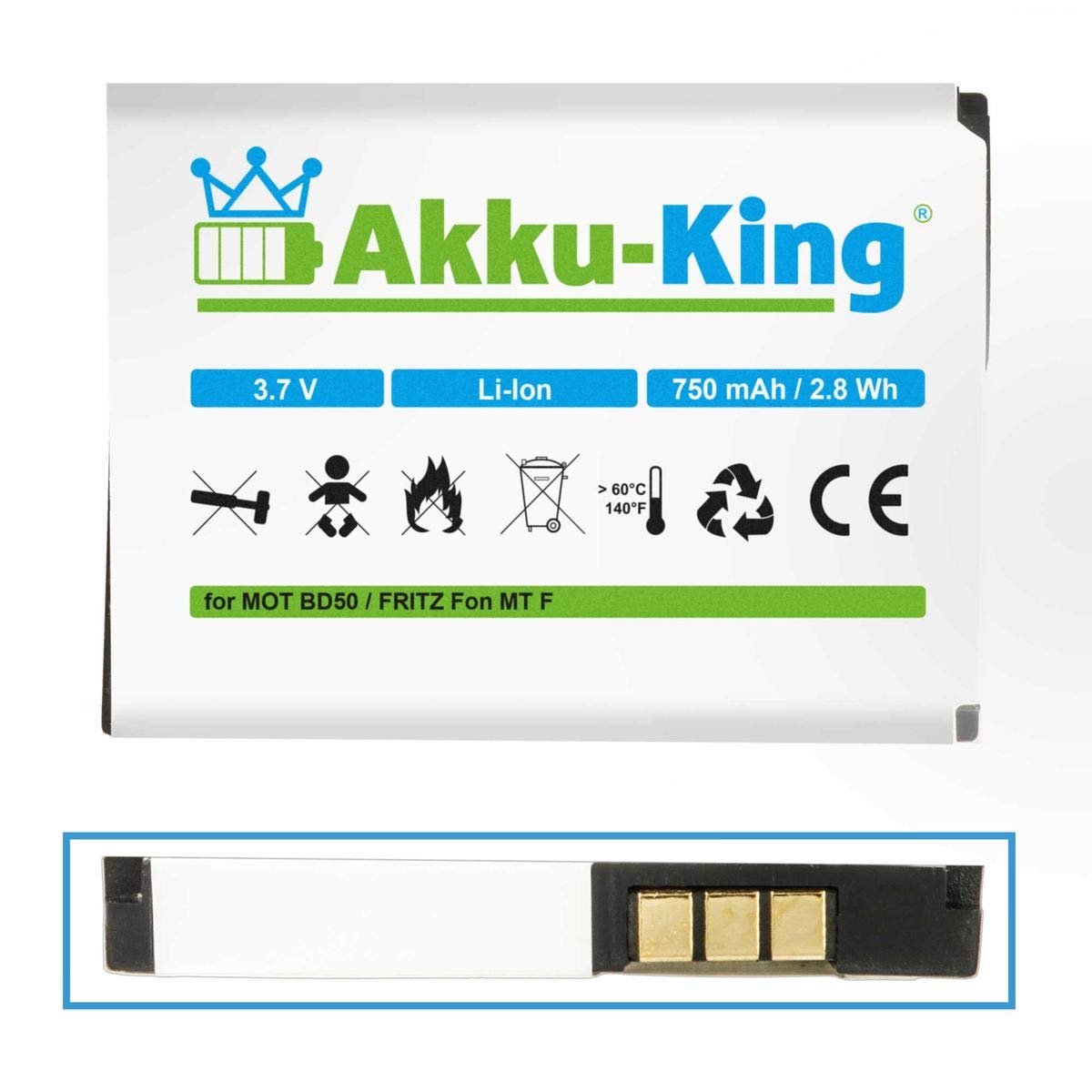Akku-King Akku für AVM Fritz!Fon MT-F, M2, C4, C5, Motorola MOTOFONE F3 - ersetzt BD50, SNN5796A, 312BAT006 Li-Ion - 750mAh