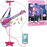 TAKIHON Guitar and Microphone Set for Kids,Guitar Toys with Music&Colorful Light,Adjustable Height Microphone with Stand,Kara