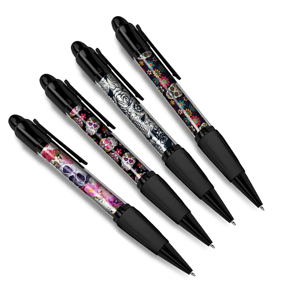 DV DESIGN Set of 4 Sugar Skulls Black Ballpoint Pens - Mexican Skull Floral Theme Gift
