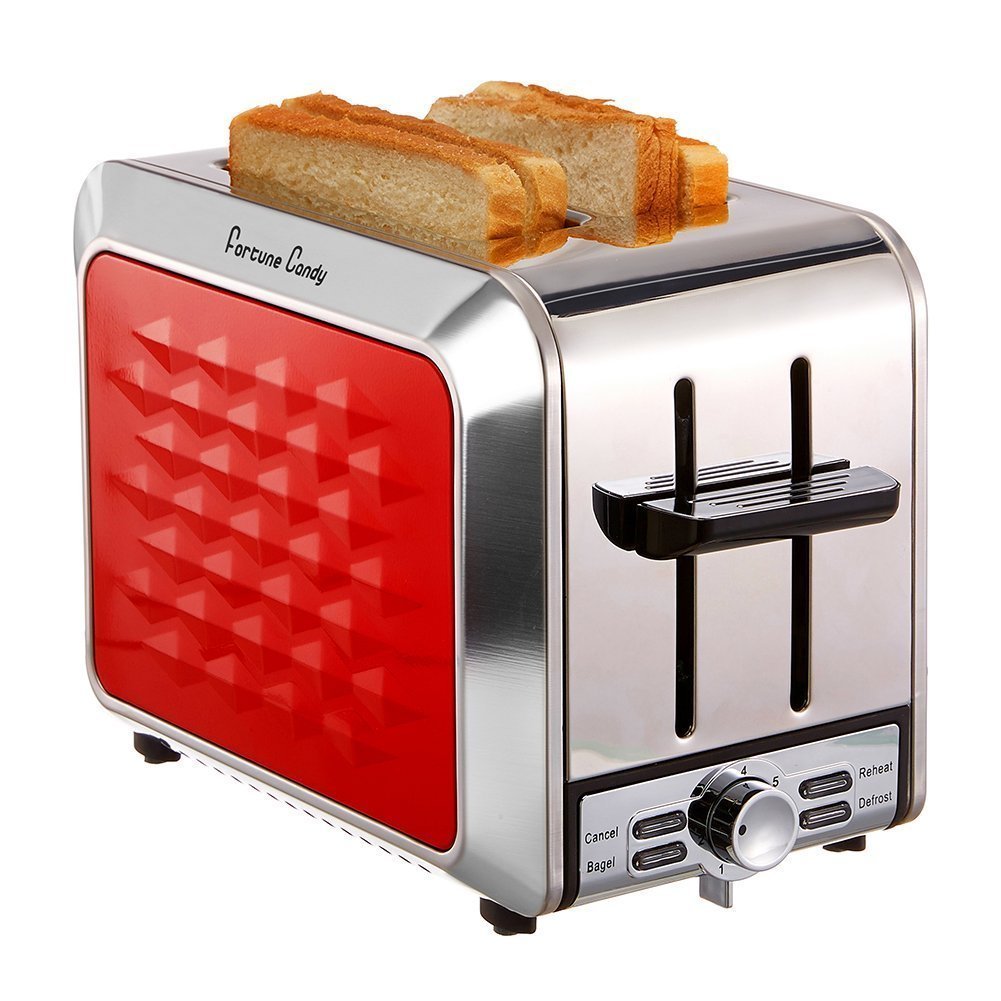 Fortune Candy Toaster,Red 2-Slice Toaster,Stainless Steel Toaster with Extra Wide Slots,Removable Crumb Tray,High Lift Lever,Bagel Defrost Reheat Cancel Function,7 Toast Shade Settings