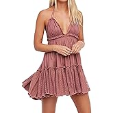 R.Vivimos Womens Summer Halter Deep V Neck Sexy Patchwork Mini Short Dresses