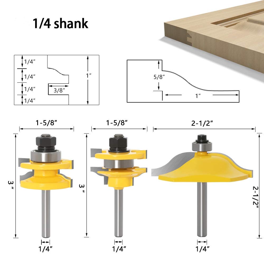 DBoyun 3pcs 1/4 Inch Shank Ogee Rail and Stile Ogee Raised Panel Router Bit Set: Industrial & Scientific