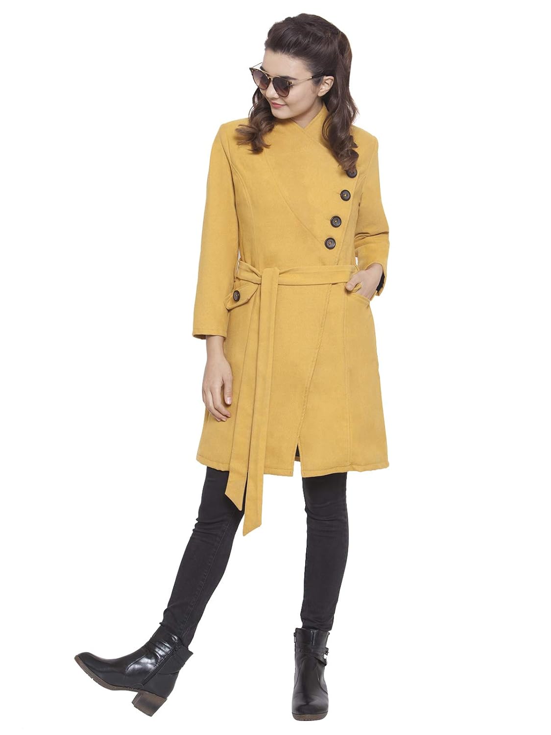 martini women yellow asymmetric long woolen felt coat