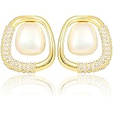 14K Gold Plated Shell Pearl Rhinestone Stud Earrings for Women Jewelry