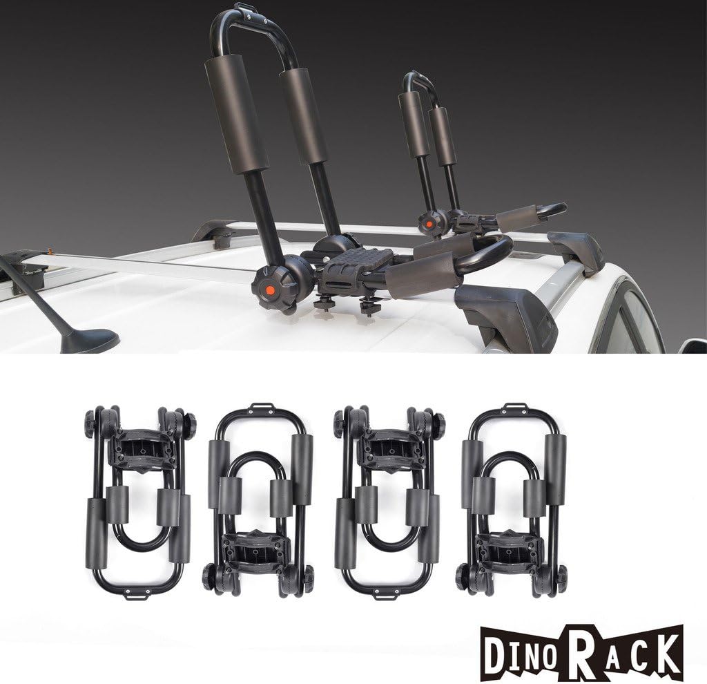 DINORACK 4pcs Aircraft Aluminum Black Foldable J-Bar Style Kayak Racks + Stern Lines + Mounting Hardware