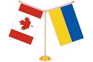 Ukraine Canada Combo Desk Small Flag Set,5×8 Inch ukrainian Canadian Mini Desktop table Banner,12 inch Metal Solid Pole Decor