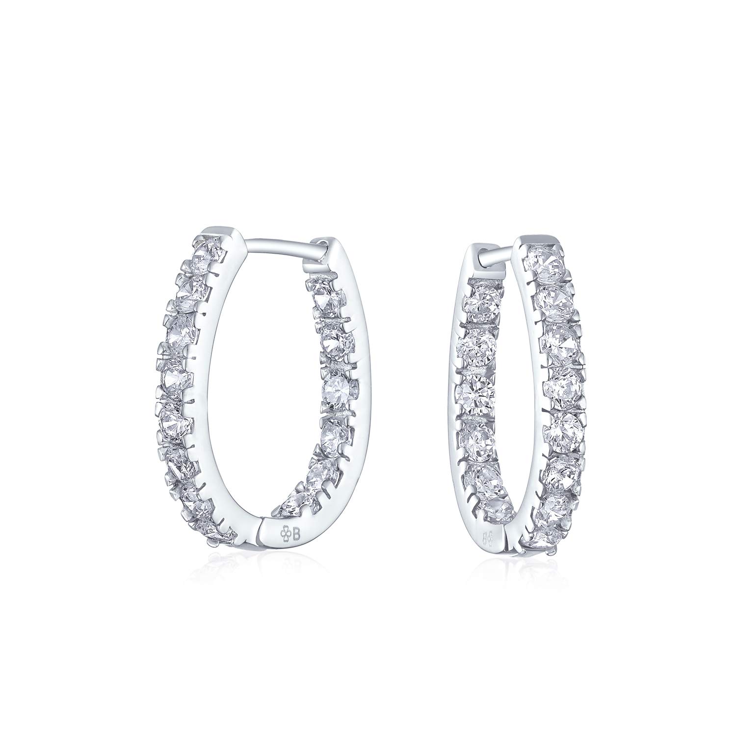 Wedding Classic Bridal Oval Shape Medium Size Continuous Inside Out AAA CZ Hoop Earrings Of Women Prom Party Cubic Zirconia .925 Sterling Silver .60 Inch Diameter — image 1