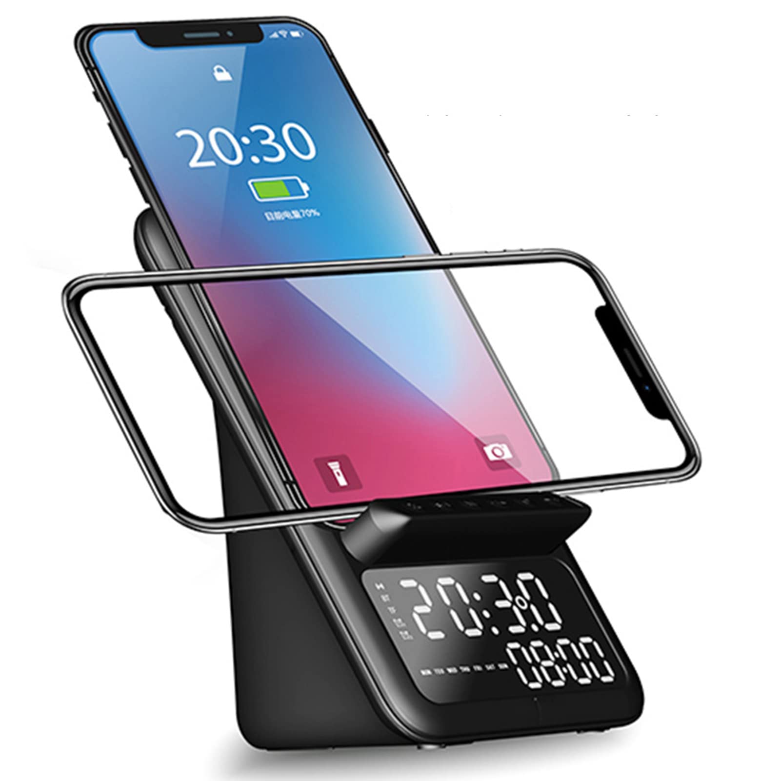 LED Digital Alarm Clock with Qi Wireless Fast Charging for Bedroom, 3 in 1 Bedside Bluetooth Speaker Clock Non Ticking Support FM Radio