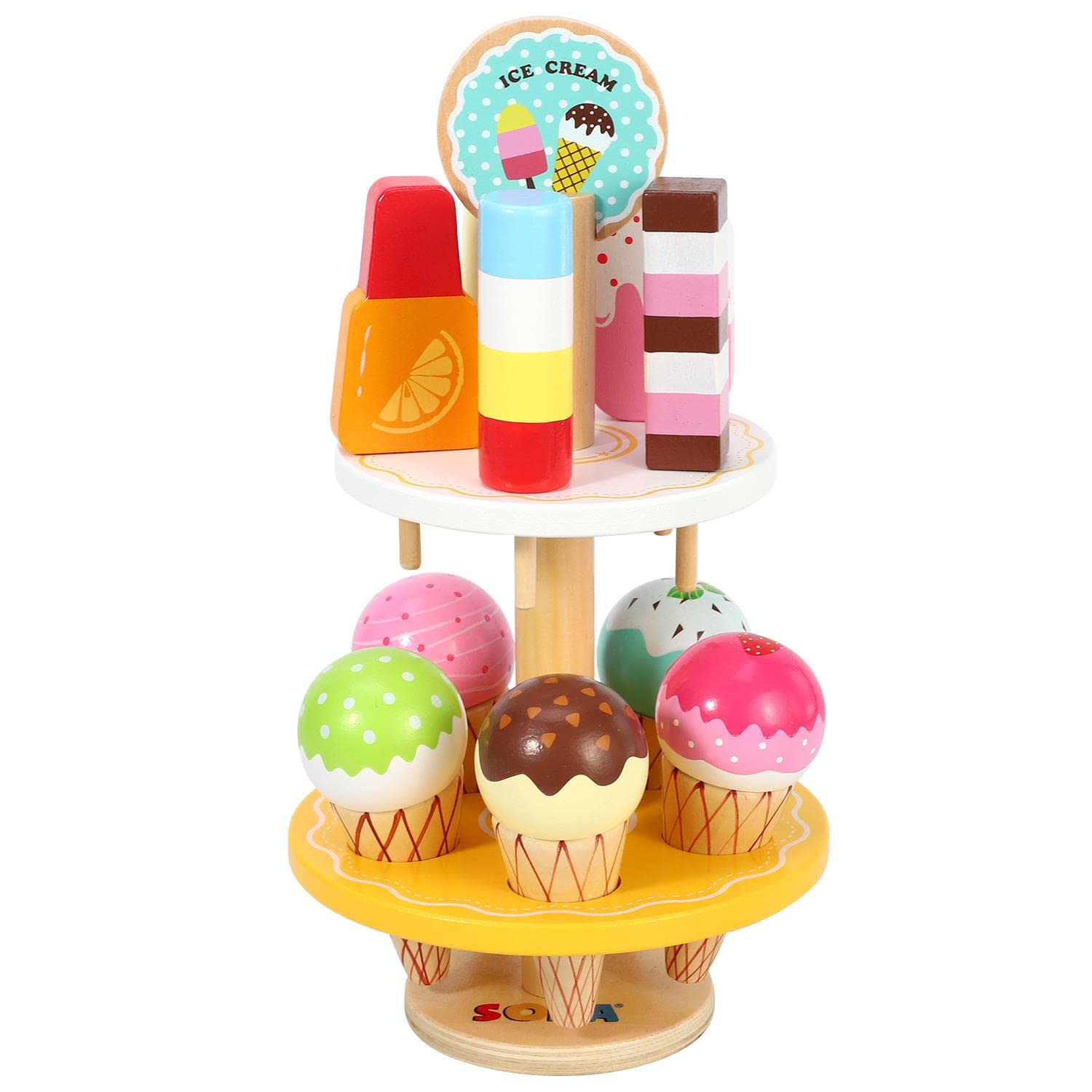 SOKA Wooden 16 Pieces Ice Cream Stand Popsicle Collection Pretend Role Play Set Game Colourful Variety Lolly Shop Food Stand Toy Set for Kids Children Girl Ages 3 year old +