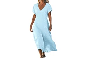 Frostluinai Eyelet Dresses for Women Summer Short Sleeve V Neck Maxi Dress Loose Comfy Flowy Swing Beach Sundress