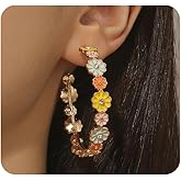 Colorful Daisy Flower Hoop Dangle Earrings for Women, Dainty 14K Gold Enamel Floral Drop Statement Earrings Trendy Rainbow Blossom Jewelry Gifts