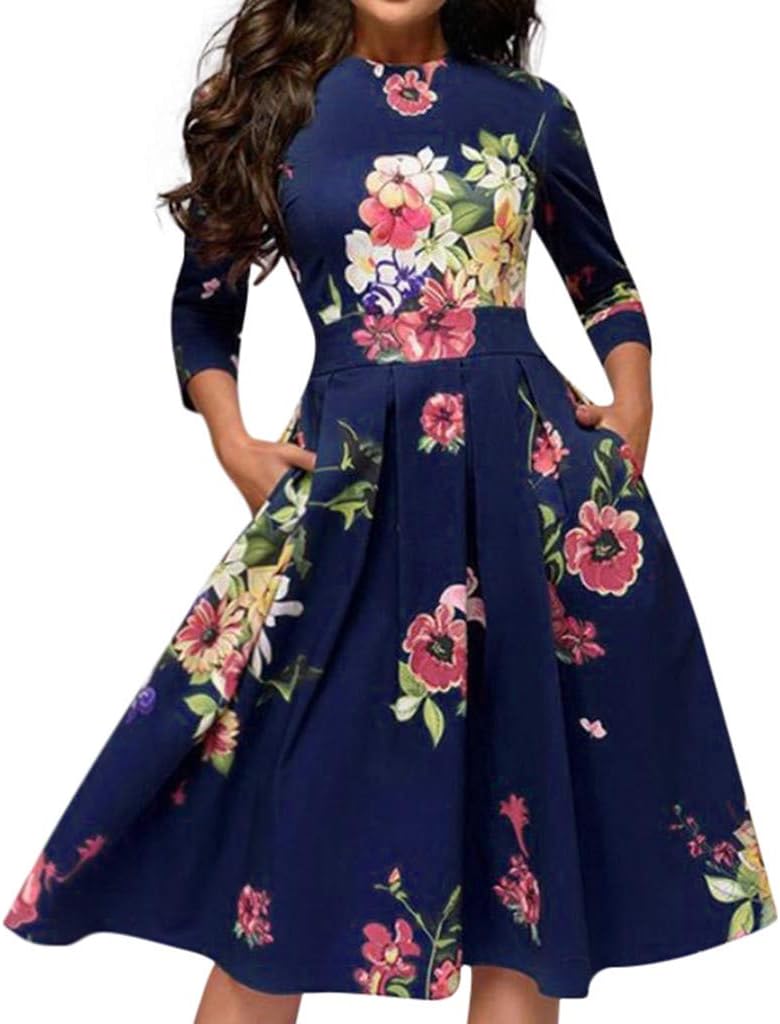 PEIZH Women Floral Cropped Sleeves Round Neck Dress Elegent A-Line Vintage Party Vestidos Dress
