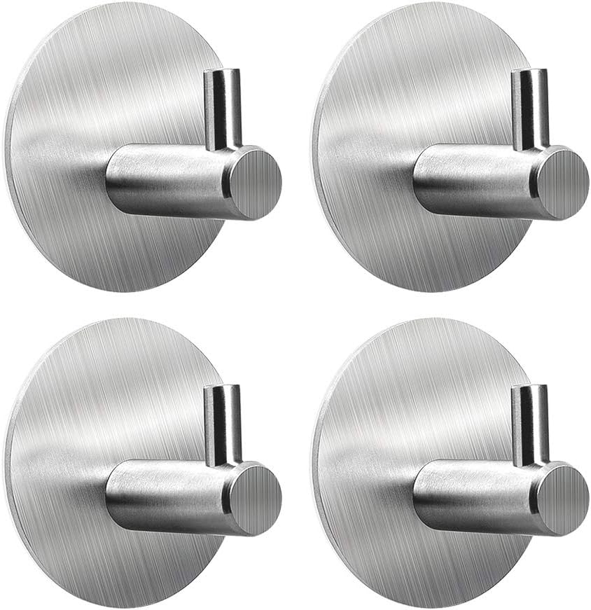 YAKAON 4 Pack Self Adhesive Hooks, Robe Hooks Bath Towel Hooks Wall Mounted Hooks 304 Stainless Steel Heavy Duty, Rustproof, Waterproof and No Grill Glue Needed for Kitchen, Toilet, Bathroom - Silver