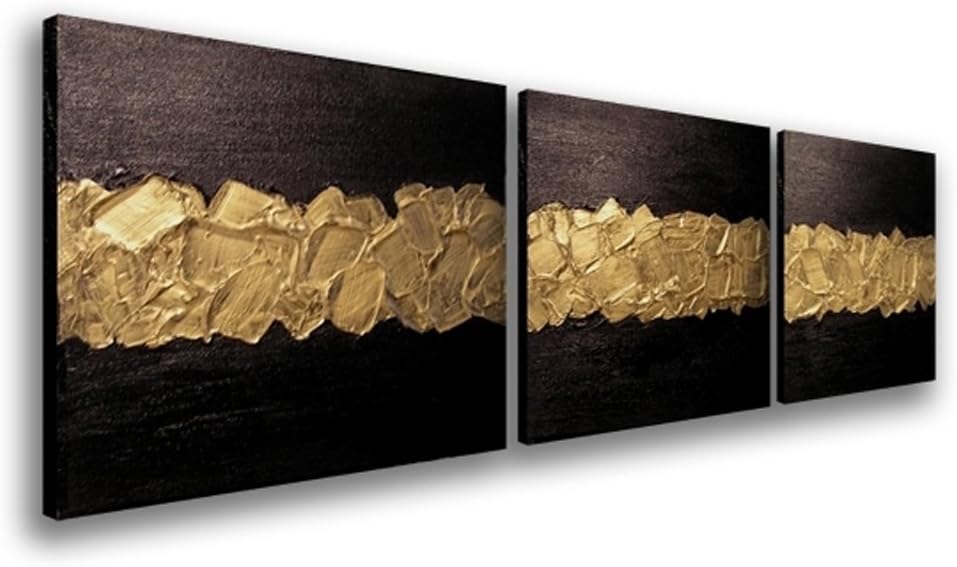 Paintings - sechars Elegance Canvas Wall Art Modern Handmade Oil Painting Black and Gold Abstract Artwork Wood Inside Framed Home Living Room Decoration Wall Hanging Art Set of 3