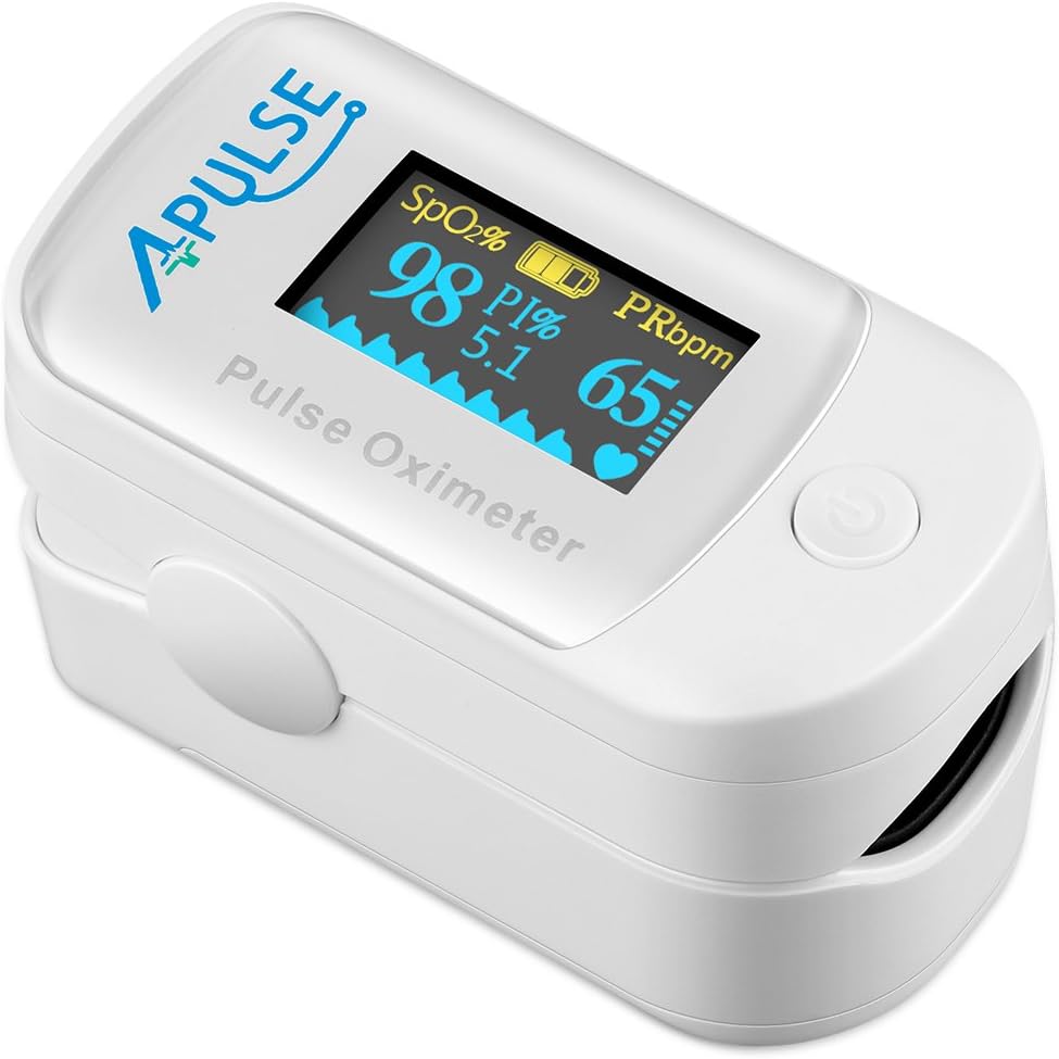 Pulse Oximeter, APULZ Blood Oxygen Saturation Monitor with Alarm Function Auto-Sleep for Family Health Care, Silicone Cover, Carrying Bag, Batteries & Lanyard Included