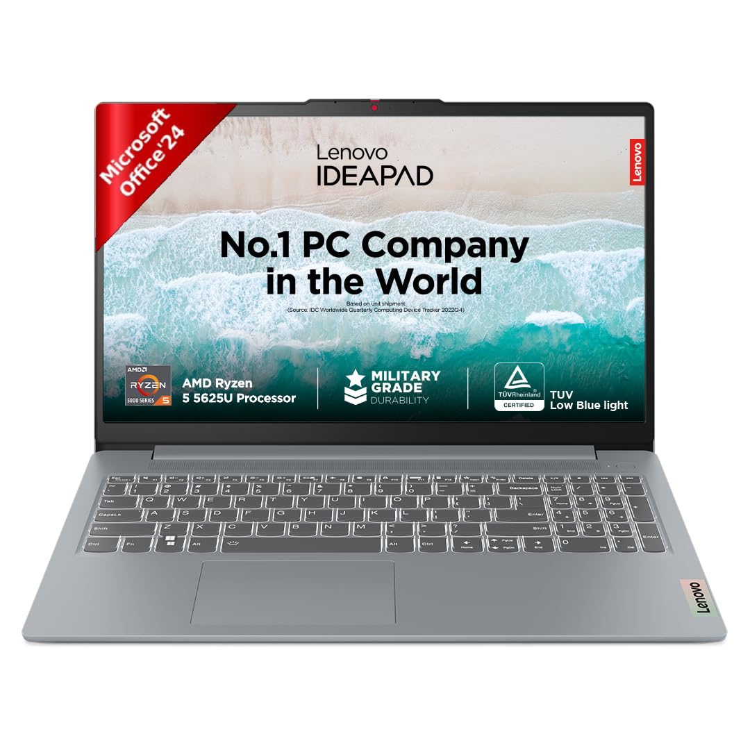 Lenovo IdeaPad Slim 3, AMD Ryzen 5 5625U, 8GB RAM, 512GB SSD, FHD 15.6"(39.6cm), Windows 11, Office Home 2024, Grey, 1.6Kg, 82XM011AIN, Integrated AMD Radeon Graphics, Thin and Light Laptop