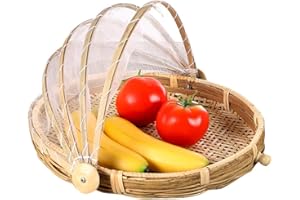 MWELLEWM Food Bamboo Food Serving Tent Basket Hand-Woven Basket Serving Dustproof Round Picnic Basket Vegetable Fruits Bread Home Storage Basket with Mesh Gauze Cover Container