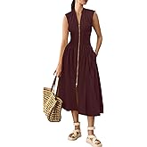 GUNEST Womens Dress Deep V Neck Zip Up Cap Sleeve Smocked Elastic Waist Split Summer Casual Midi Dress with Pockets