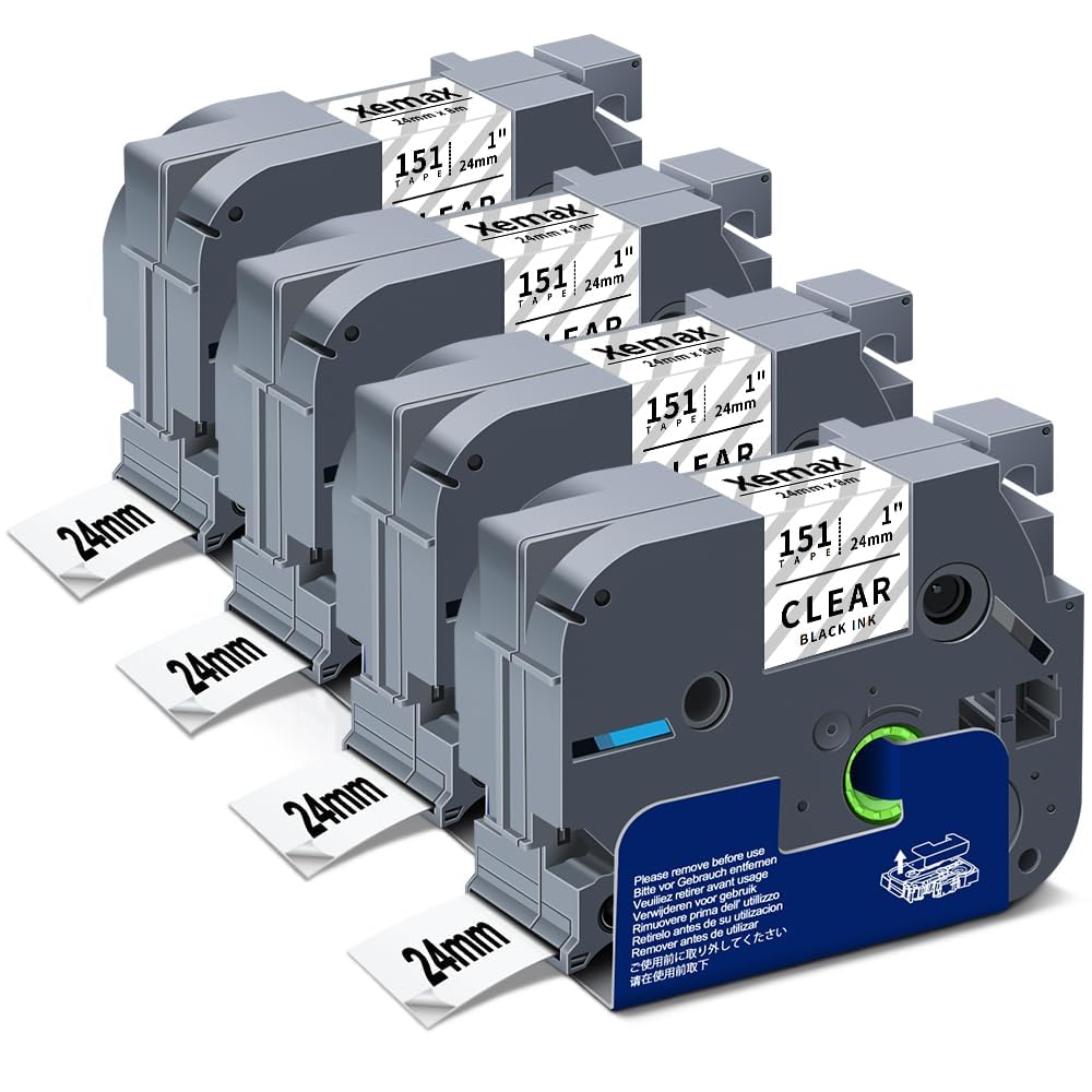 4X XemaX Label Compatible for Brother Printer 24mm Clear TZe-151 TZ-151 Black on Transparent Cassette for P-Touch Labeler PT-P750W D600 E500 E550W H500 P710BT P900 P950W