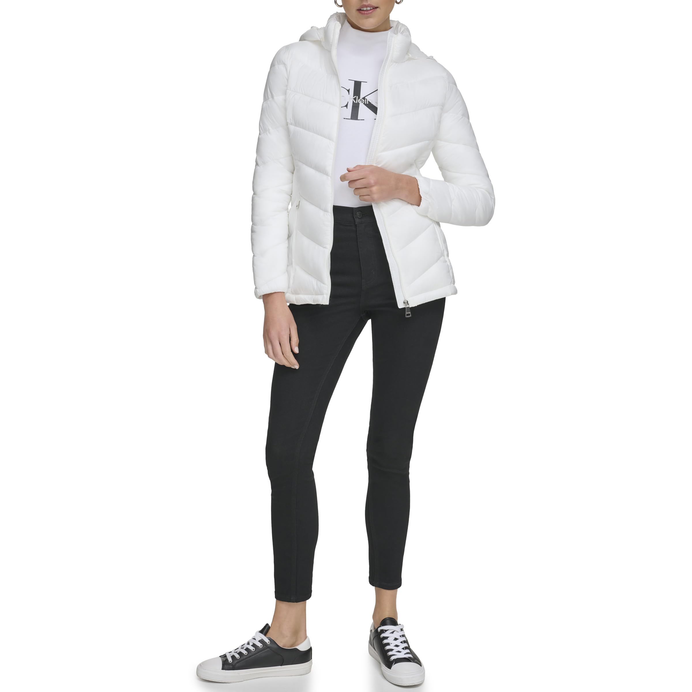 Calvin Klein Women's Light-weight Hooded Puffer Jacket, Cloud, Large Image