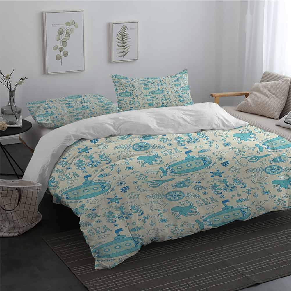 3 Pieces Ultra Soft Zipper Closure Bedding Set Aqua Ornate Sea Adventure Pattern with Underwater Fauna Submarine and Coral 3 Pieces (1 Duvet Cover + 2 Pillow Shams) Turquoise Pale Green Cream Queen