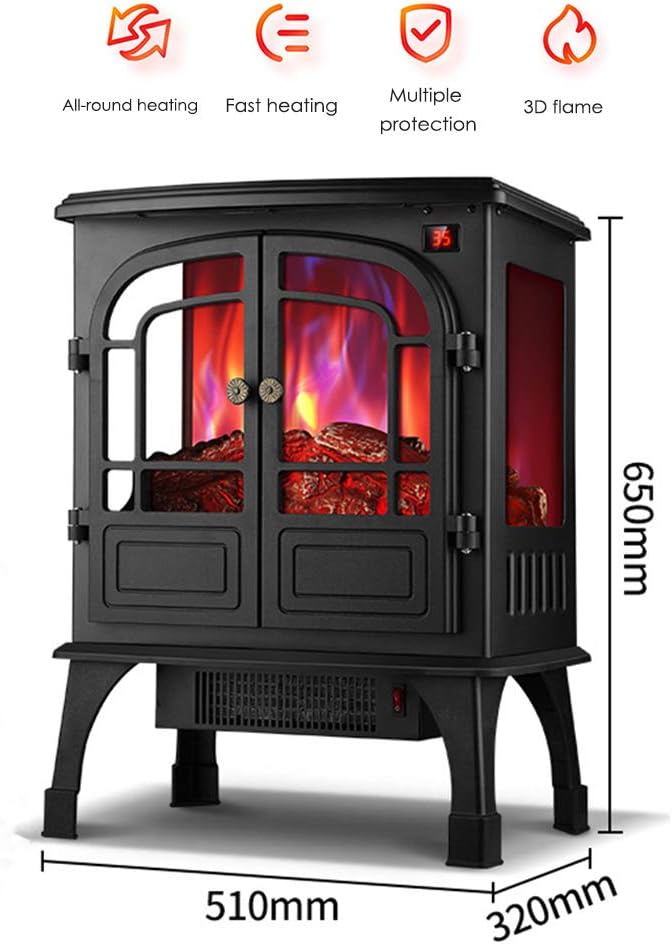 KOKIN Electric Fireplace Stove Heater with Log Burner 3D Flame Effect 2000W, Black Freestanding Fireplace with Wood Burning LED Light and Remote controlled,Home Decor Ornaments,A