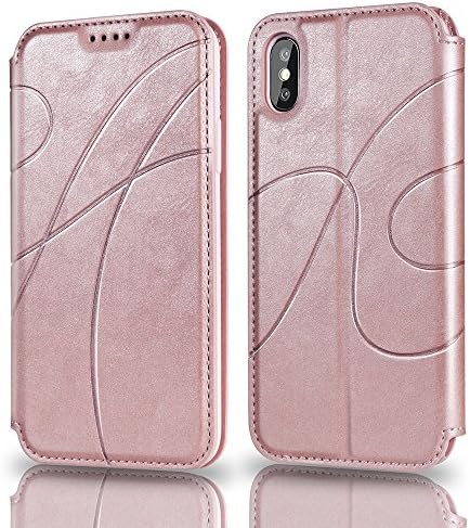 REEXIR iPhone X/XS Case, Leather Wallet Case [Kickstand] [3 Card Slots] [Magnetic Closure] Slim Folio Flip Case Cover for Apple iPhone X/XS (Rose Gold)