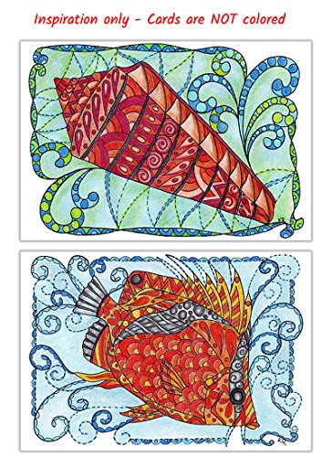 Under the Sea Coloring Greeting Cards for Adults | Birthdays or Thank You Cards | 12 Unique A6 Designs | Blue Envelopes Included