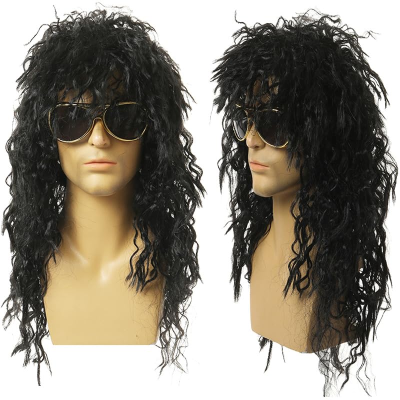SDXCJY 70s 80s Disco Wig, Rock Star Heavy Metal, Black Curly Wig Men Rock Fancy Dress Wig, Long Curly Hat Black Rocker Dress Accessories for Party Halloween Carnival (black)