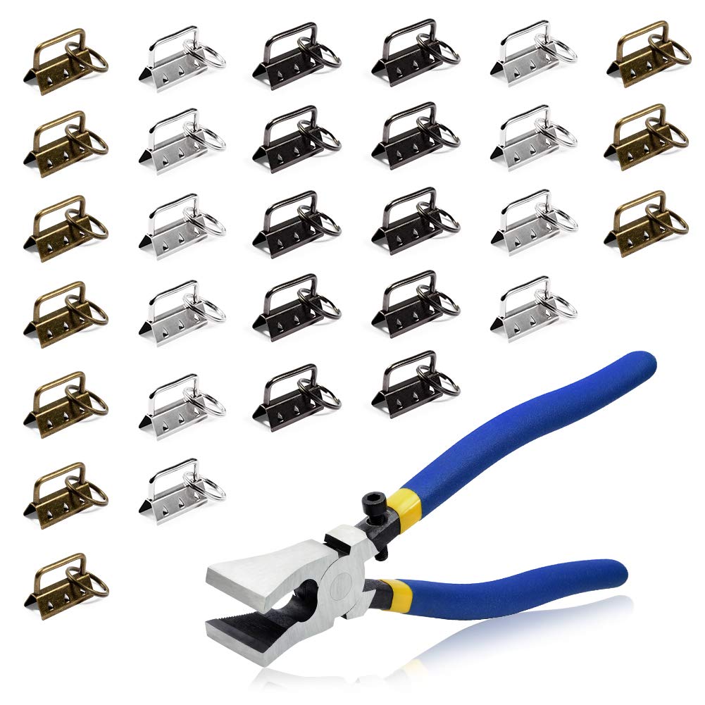 SPEEDWOX 1.25 Inch Key Ring Bulk Fob Hardware 30 Sets with Split Rings and Glass Breaking Pliers for Webbing Fabric Strapping Wristlet Multicolor Key Fob Antique Black/Antique Brass/White Nickel
