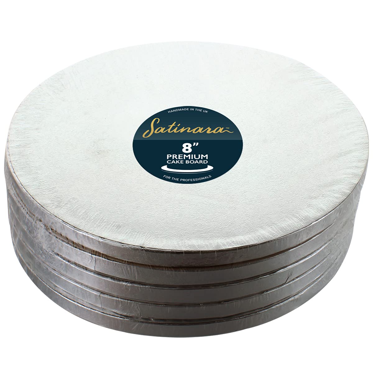 Satinara 8" Cake Boards, Luxury Cake Drums, Silver Foil Covered, 12mm thick - 8 inch Round (Pack of 5)