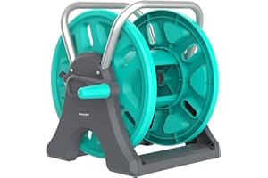 HOZCART Garden Hose Reel Cart,Portable Hose Reel Holder Hold Up to 50-80 Feet of 5/8" Hose,Wall Mounted Water Hose Reel,Upgraded Plastic Wheels for Outside Car Washing, Watering (Blue, 80FT)