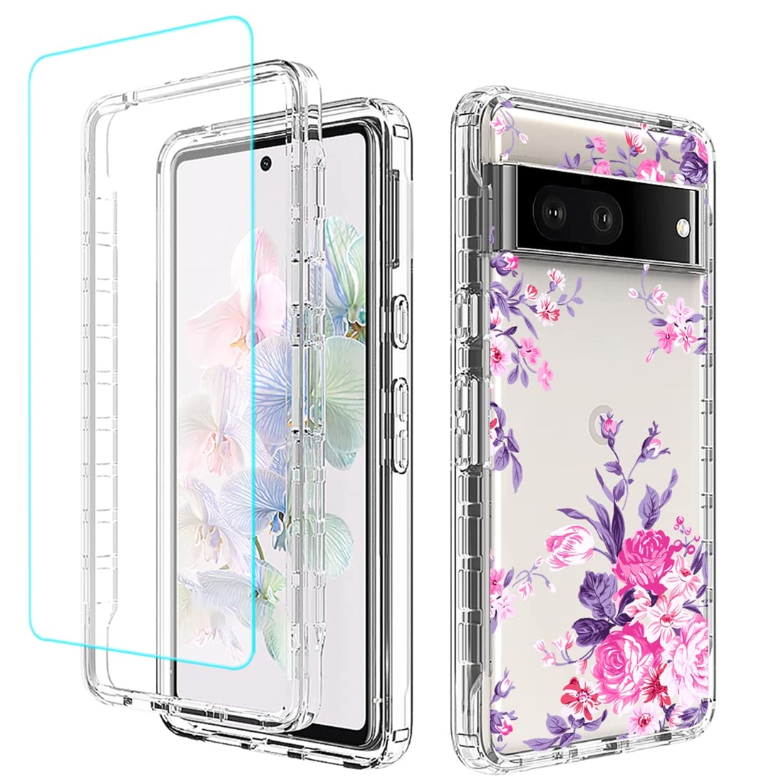 Photo 1 of Sidande Case for Pixel 7/Google 7 Case with Tempered Glass Screen Protector, Full Body Shockproof Clear Floral Soft TPU Slim Phone Protective Armor Cover for Google Pixel 7 (Rose Flower)