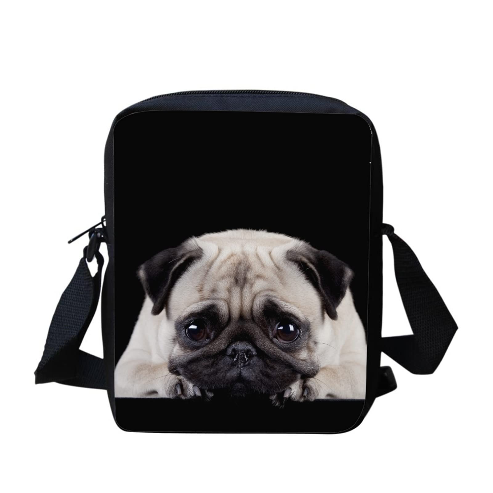 Kuiaobaty Cute Pug Printed Small Crossbody Bag 3D Dog Black Messenger Bag Boy Girl Casual Bookbag Shoulder Bag for Women