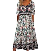 Apvirdy Women's Bohemian Floral Beach Dress Crewneck Short Sleeve Flowy Dresses Colorful Summer Dress