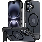 hitfine for iPhone 16 Plus Case with Kickstand,[Compatible with Magsafe] Slim Translucent Matte Military-Grade Protection & Anti-Yellowing,Magnetic Phone Case for iPhone 16 Plus,Black