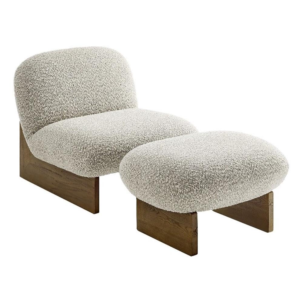 Photo 1 of Modway Loyal Boucle Fabric Accent Chair with Ottoman in River Rock Walnut - Comfy Modern Armless Lounge Chair with Footrest - Upholstered Round Sofa Chair and Footstool Set for Living Room or Bedroom