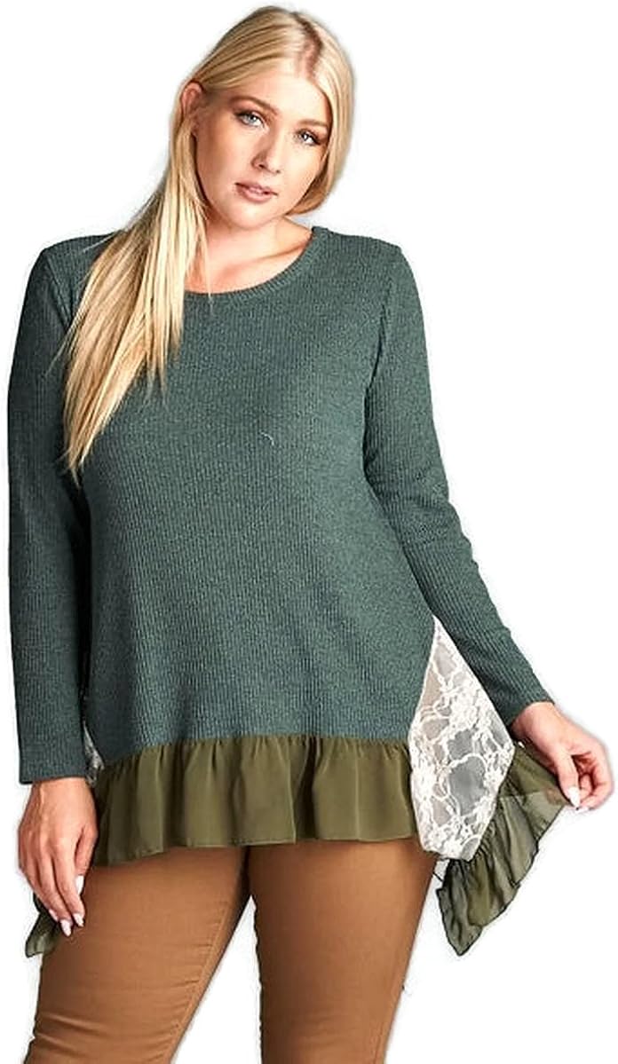 Oddi Boho Chic Ruffle & Lace Knit Tunic Top Plus Size (3X, Olive) at Amazon Womenâs Clothing store
