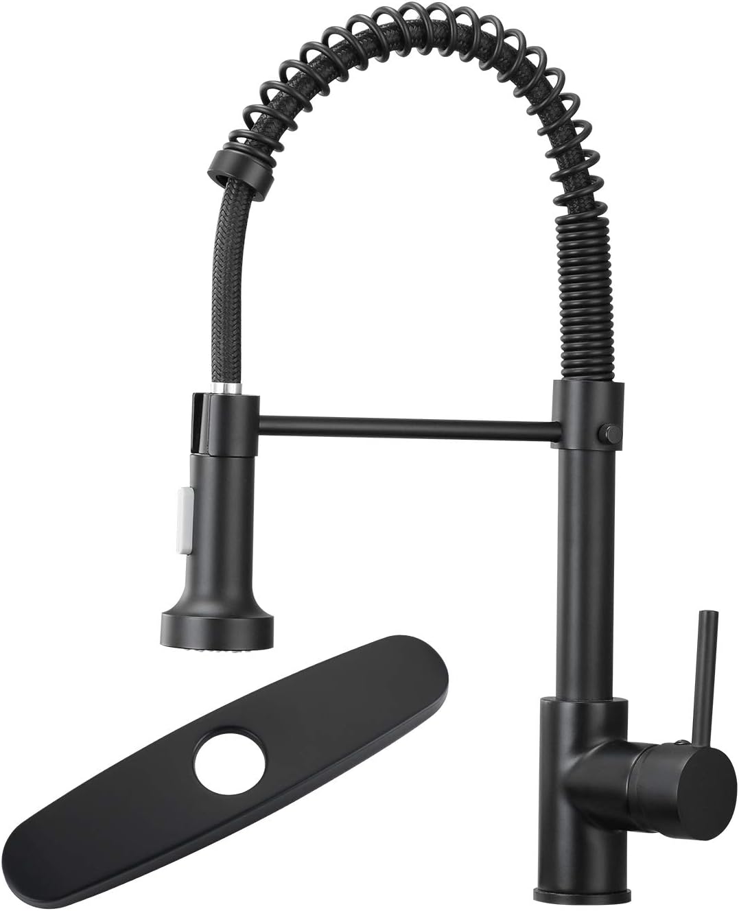 HGN Kitchen Sink Spring Faucet with Pull Down Sprayer Single Handle Single Hole Commercial Faucet for Farmhouse rv Utility bar Laundry Sinks Matte Black,Including Hole Cover