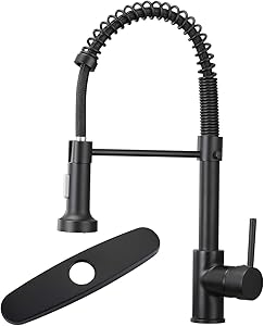 HGN Kitchen Sink Spring Faucet with Pull Down Sprayer Single Handle Single Hole Commercial Faucet for Farmhouse rv Utility bar Laundry Sinks Matte Black,Including Hole Cover