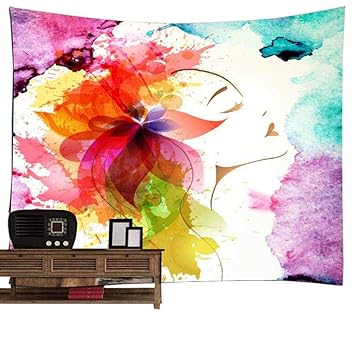 Poppap Beautiful Girl Tapestry Wall Decor Pink Purple Orange Blue Green Gouache Draw Into A Beautiful Face Close Eyes Enjoy Fragrance Of Flowers Wall