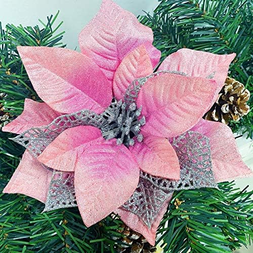 TURNMEON 24 Pack 6 Inch Christmas Glitter Poinsettia Artificial Silk Flowers Picks Christmas